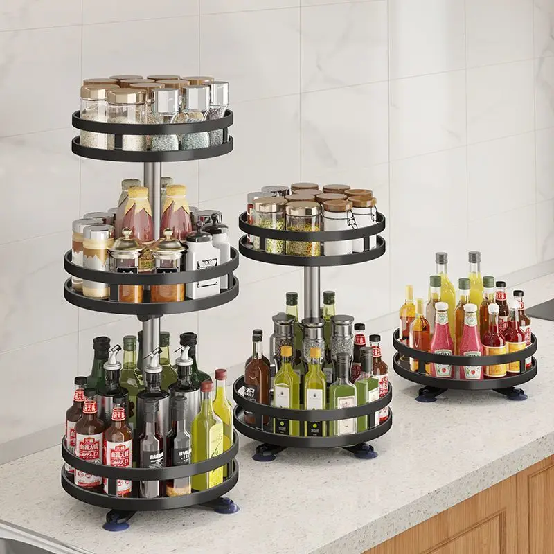 Multifunction Kitchen 3-layer Rotating Tray Storage Organizer Carbon Steel Spices Container Set Rack Jar Cans For Accessories