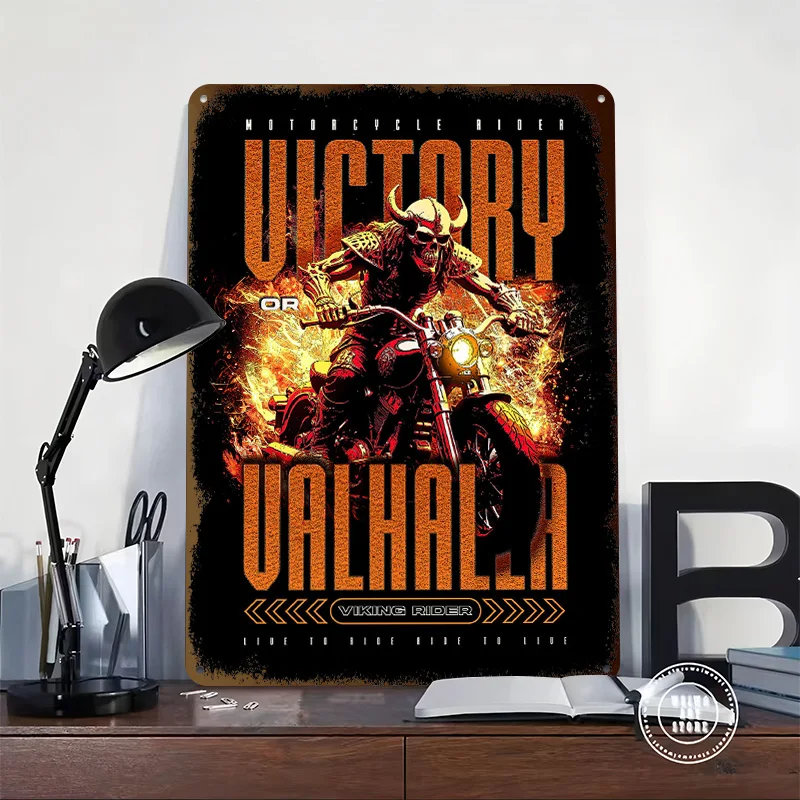 Viking Motorcycle Rider Victory Tinplate Poster Customized Wall Art Vintage Metal Signs Retro Plates for House Room Decoration