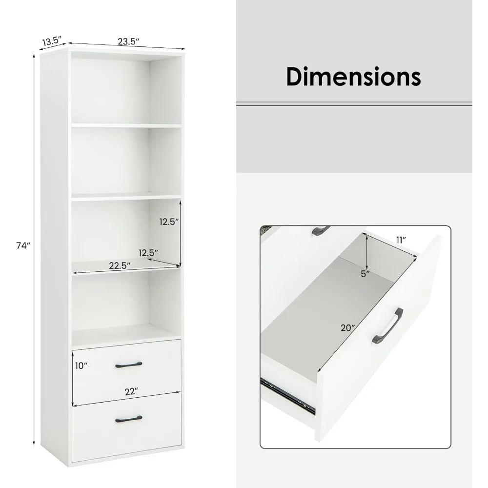"رف كتب بطول 74 بوصة مكون من 4 طبقات مع درجين، ميزة مضادة للسقوط، تصميم قائم بذاته"