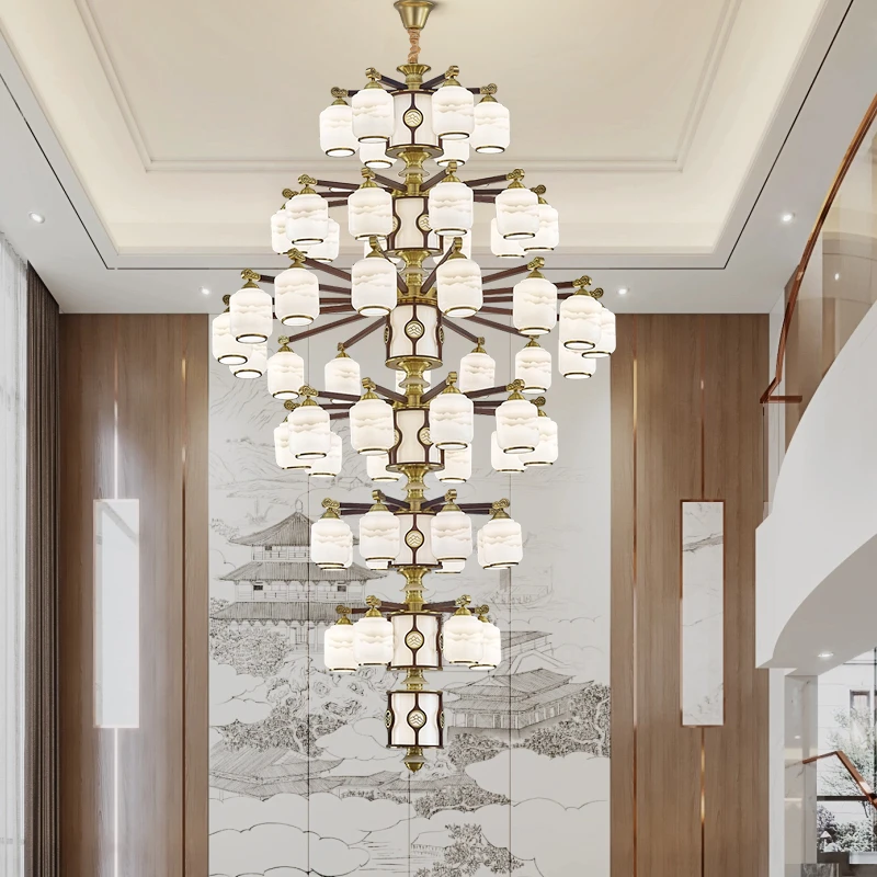 Duplex Building Large Chandelier Villa Living Room Elevated Ceiling High-rise Building Copper Wood Art Staircase Chandelier Led