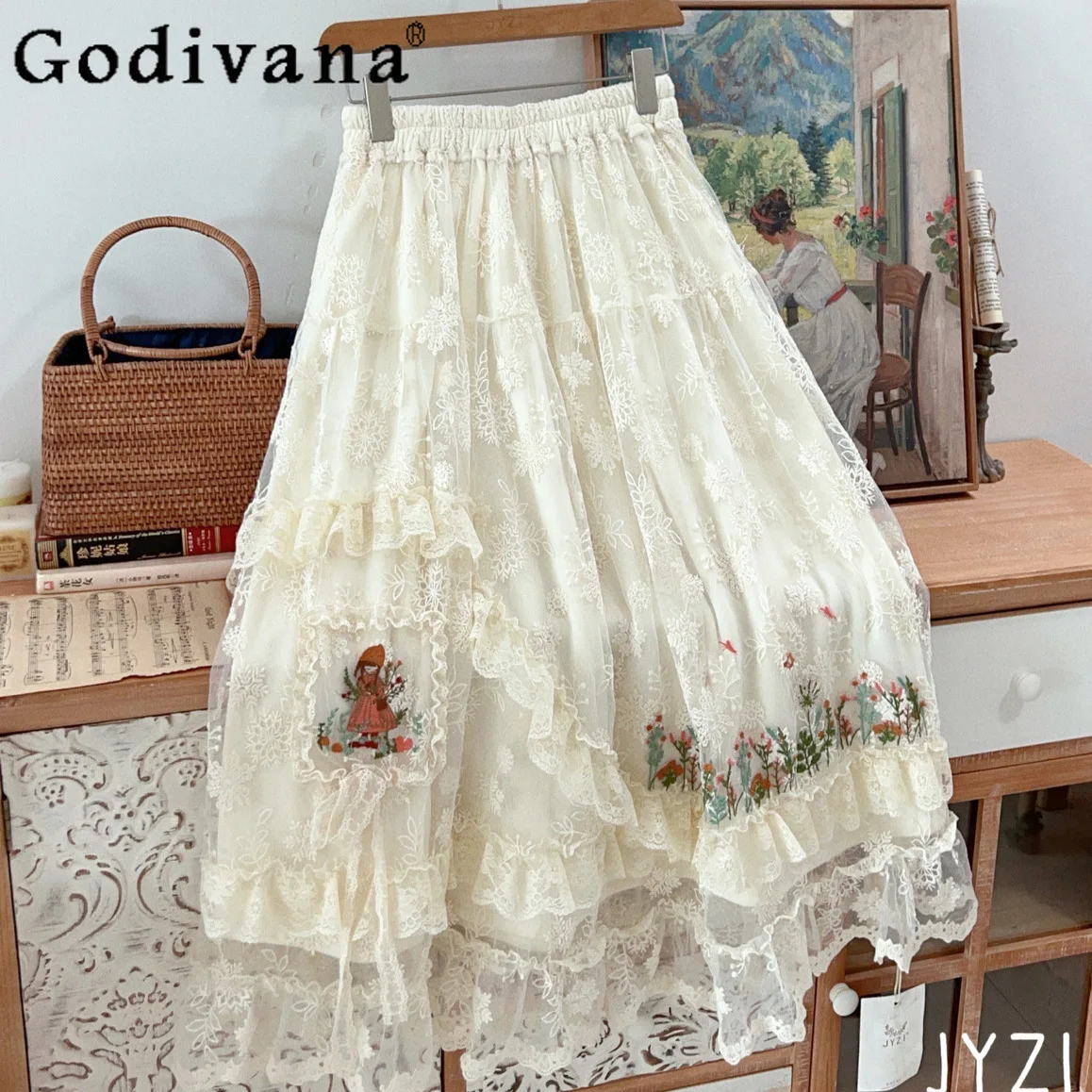 

Sweet Lace Embroidery Skirts Women Vintage Ruffled High Waist Kawaii Pleated Long Skirt Female Japan Mori Faldas Mujer Autumn