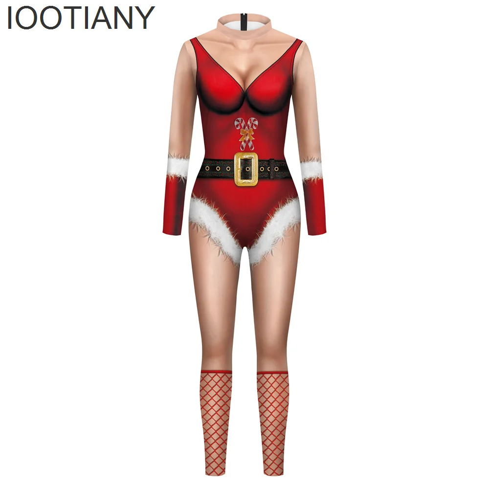 Iootiany Kerst Rode Kousen Print Cosplay Kostuum Sexy Jumpsuit Nieuwe Bodysuit Volwassen Carnaval Feest Kleding Monos Mujer Xmas