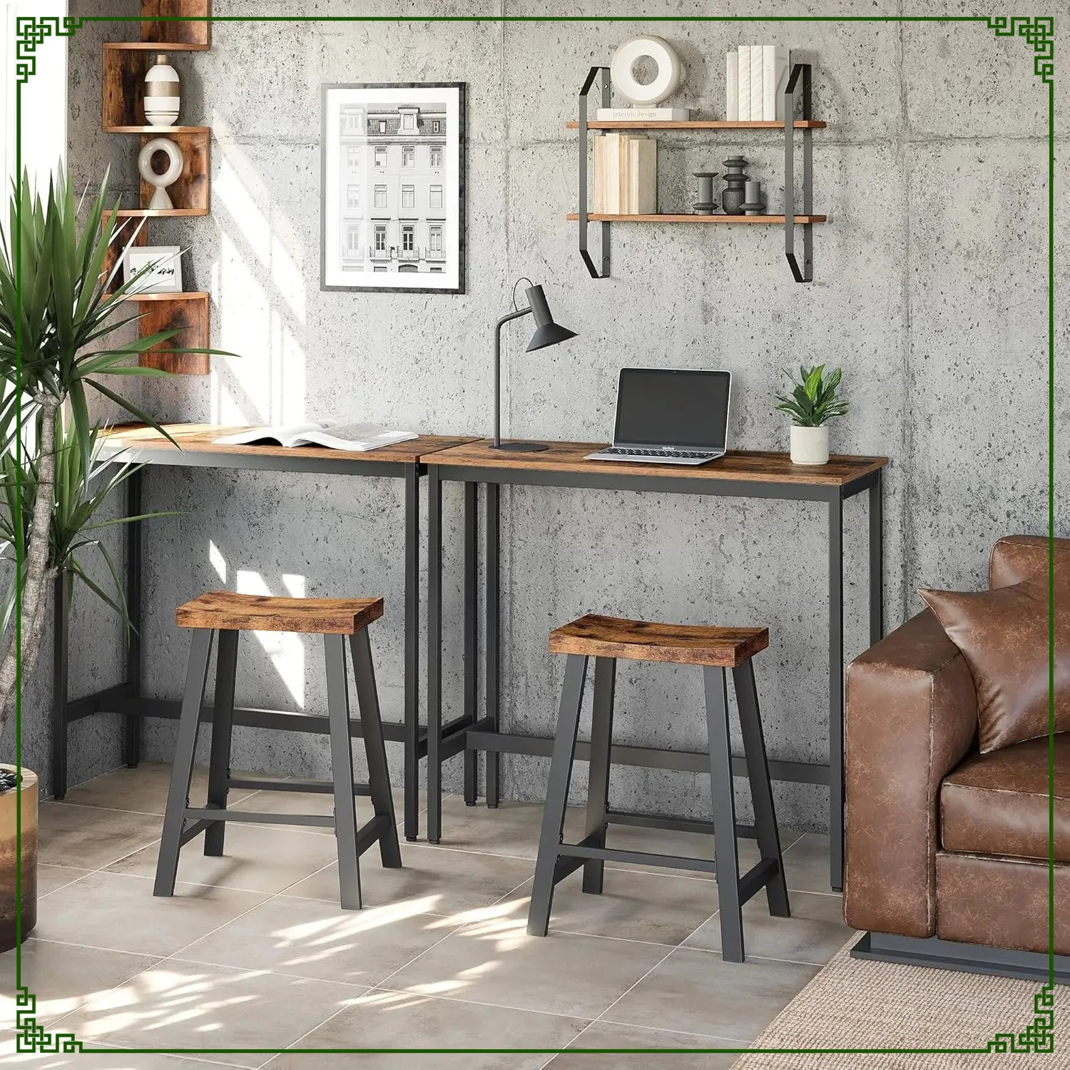 

Industrial Bar Stools Set of 2, 23.6 Inch High Kitchen Breakfast Chairs with Footrest for Living Room