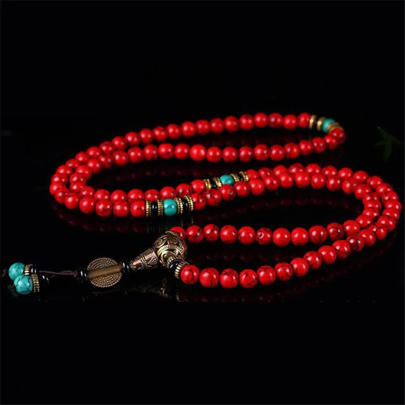 Charms Yoga 108 Red Turquoise Stone With Tassel Bracelet Hand Knotted Buddha Prayer Beads Meditation Mala Necklaces Bracelets