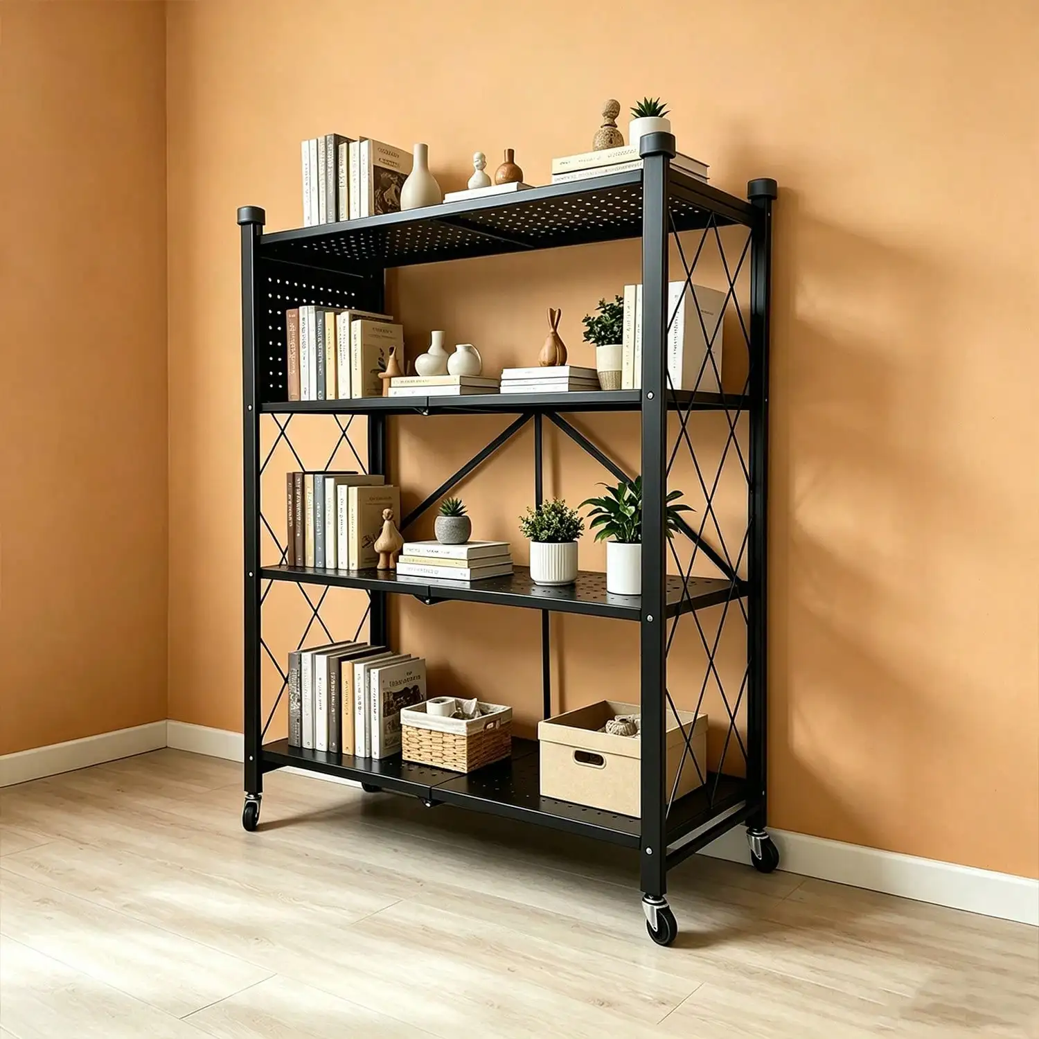 Ready-To-Use Folding Storage Rack 2/3/4/5-Tier Space Saving No Assembly Portable for Living Room Kitchen Garage