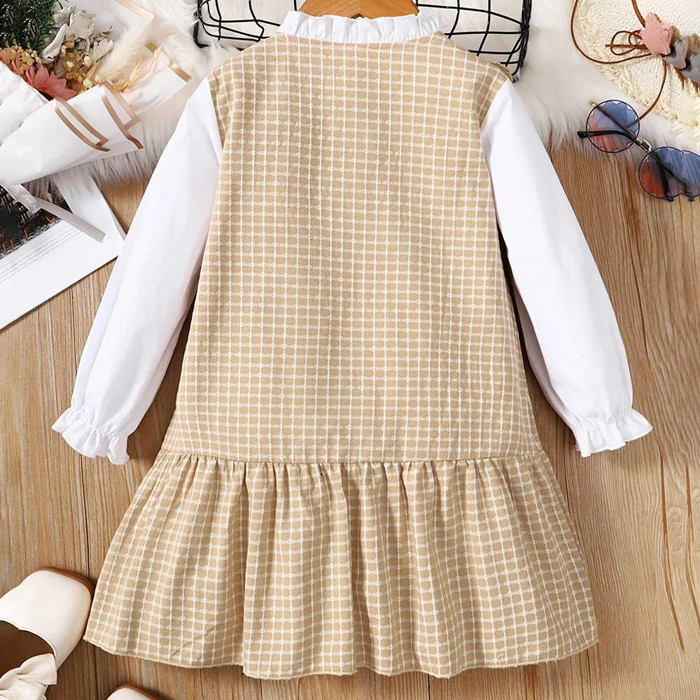 Trendy Casual College-Style Long-Sleeve Dress with Bow Decoration and Plaid Pattern for Baby Girls and Toddlers, Fashionable and Comfortable Dress for Little Girls, Suitable for Daily Casual Wear, Outings, Shopping, Photography, Outdoor Activities, School, and Back-To-School Season, for Spring and Autumn