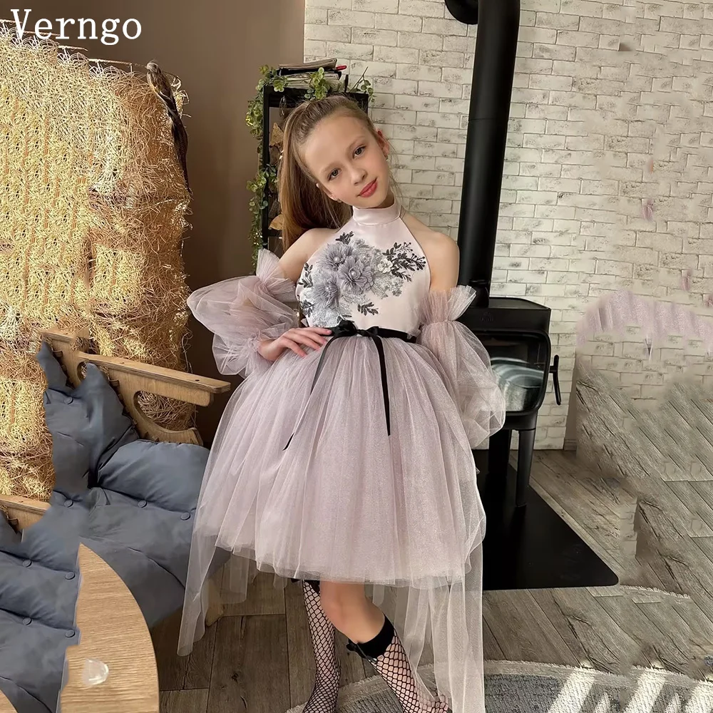 

Verngo Pink Appliques Mini Gil Flowers O Neck A Line Princess Long Sleeves Formal Dresses Kid Prom Party Gown Customized