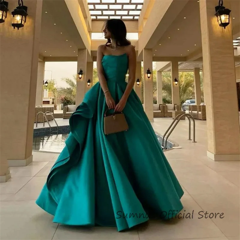 Sumnus elegante Satin eine Linie saudi-arabische Abendkleider Falten geraffte boden lange Dubai Abend party Kleid Robe de Soirée