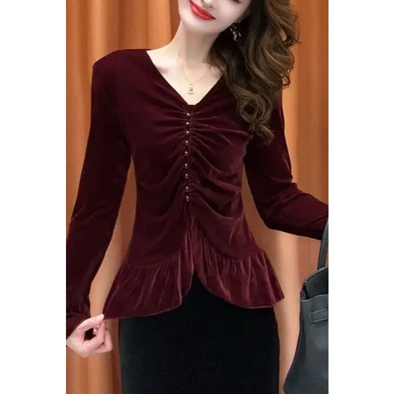 

Женский пуловер, однотонная осенне-зимняя модная плиссированная футболка с v-образным вырезом и рюшами, топ