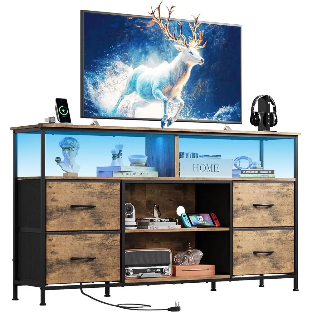

Rustic Brown TV Stand for 50-60 Inch TVs with LED Lights and Fabric Drawers, Entertainment Center for Bedroom and Living Room