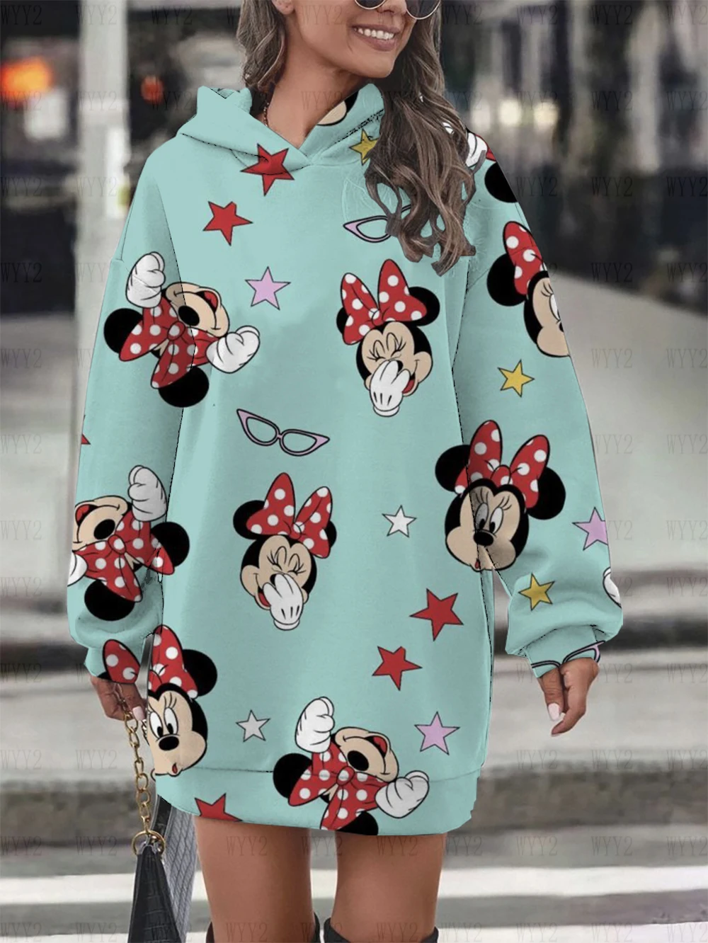 Autumn Winter Disney Mickey Mouse Mickey Print Hoodie Sweater Dress Casual Street Style Fashion Simple Ladies Sweater Dress