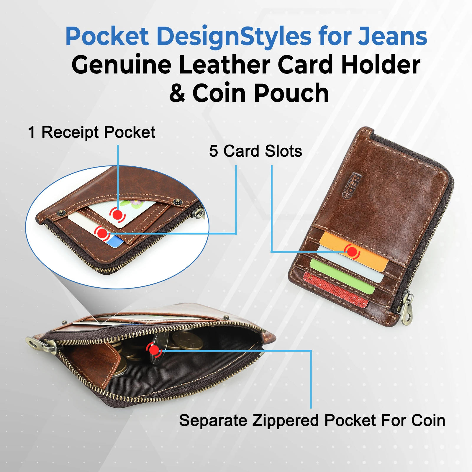 CONTACTS Full-Grain Leather RFID Card Wallets Card Holder Mini Case Zipper Wallet for Man Coin Purse Small Pocket