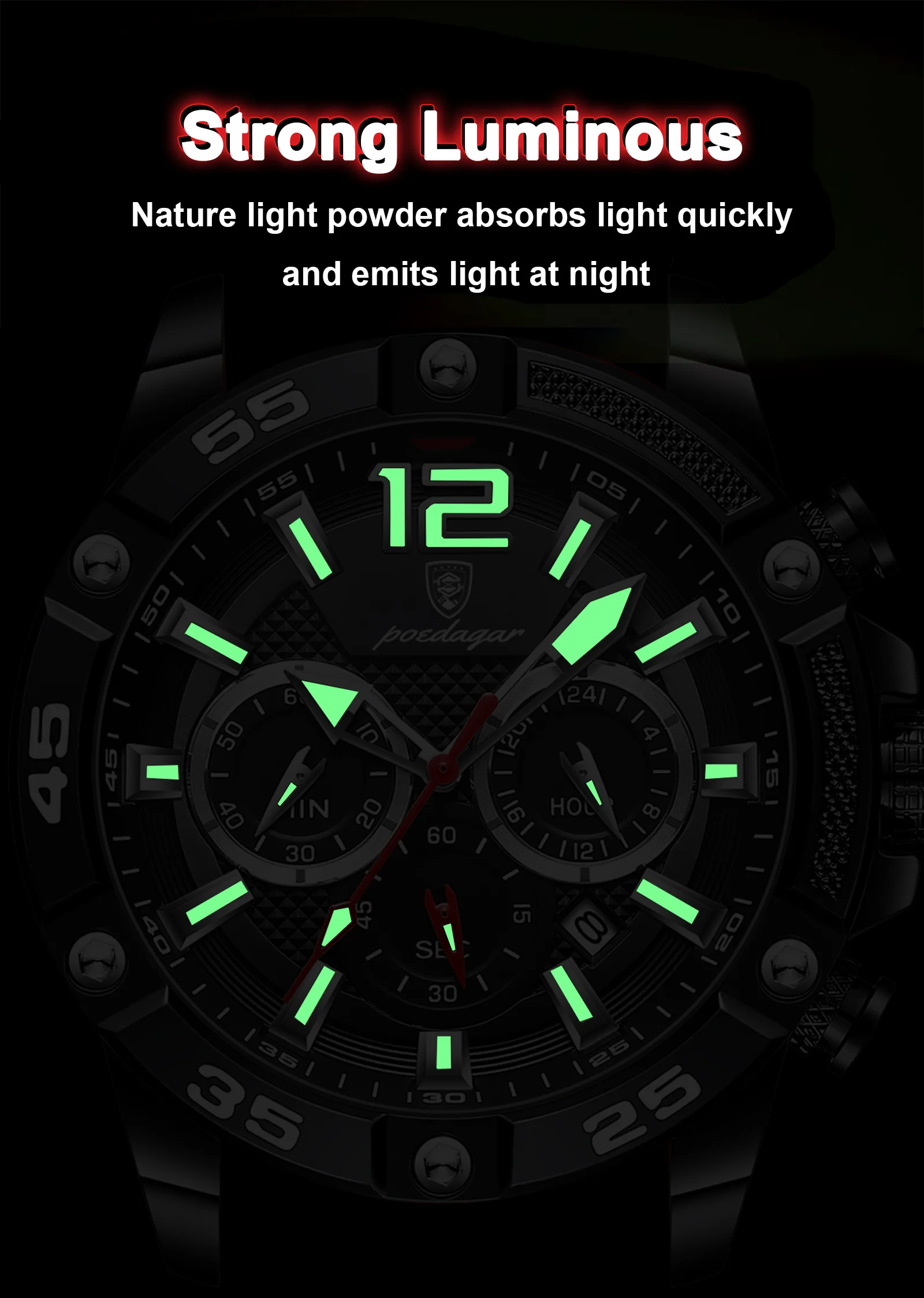 POEDAGAR Original Mode herren Uhren Wasserdicht Leucht Chronograph Datum Sport Mann Armbanduhr Hohe Qualität Quarz Männer Uhr – Detail 9