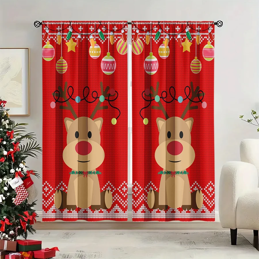 2PCS Christmas Winter Curtains, Cartoon Reindeer Red Knit Ball Light String, Digital Print, Bedroom Living Room, Home Decor