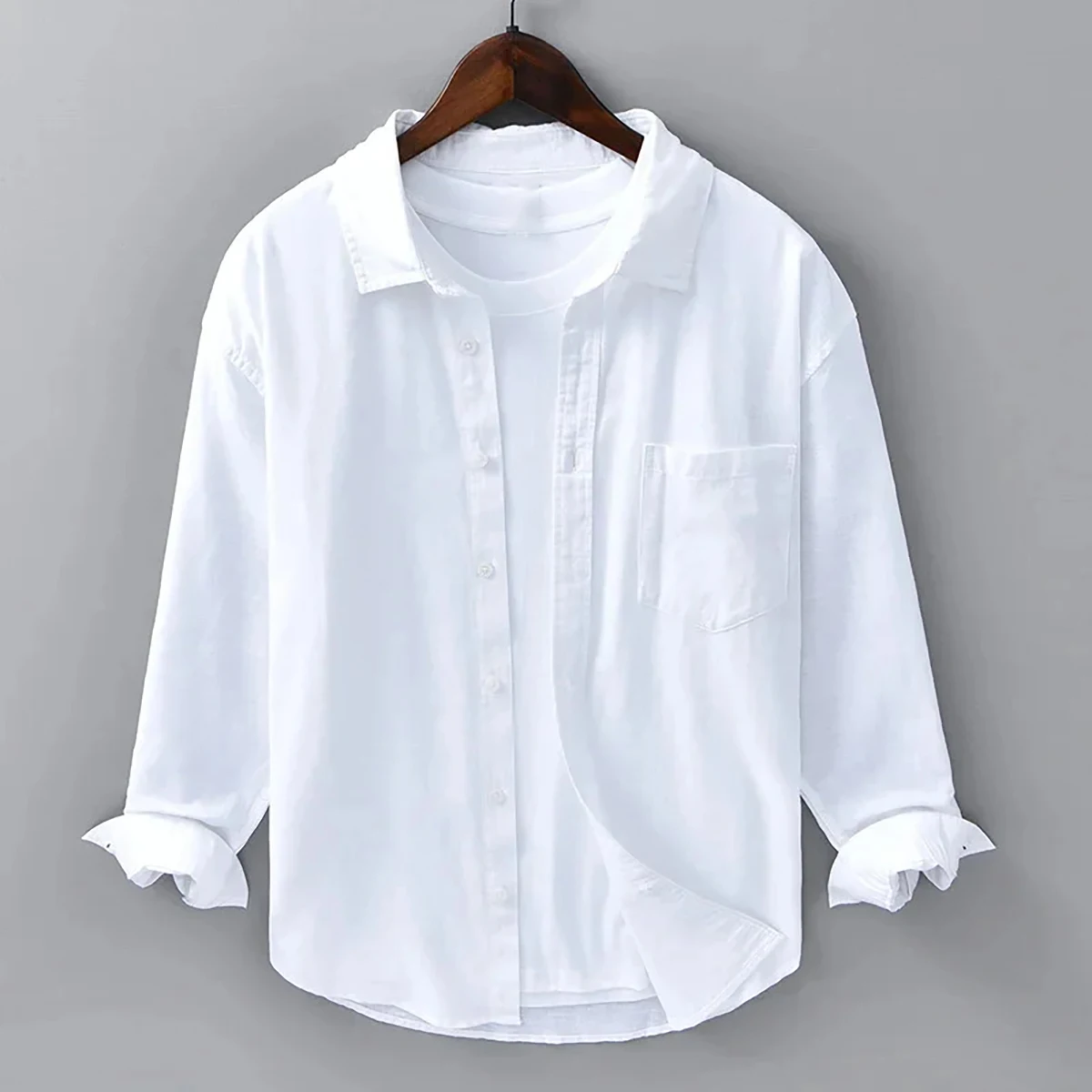 2024 Men\'s Linen Solid Shirt 100% Slim Comfort Street Outdoor Beach Simple Solid White Black Blue Large Size S-5XL Fast Shipping