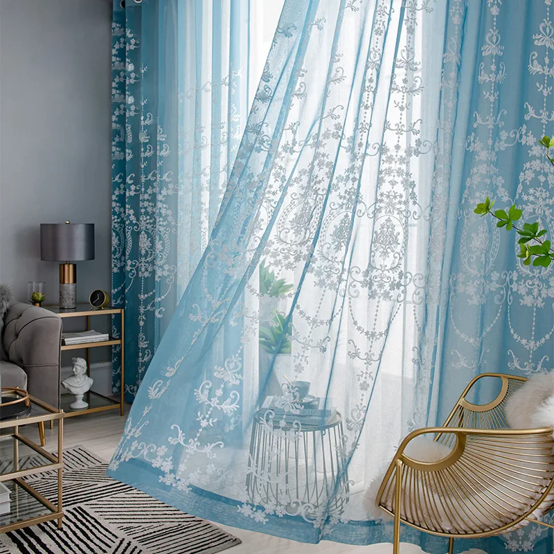 Blue Lace Round Mirror Curtain, French Vintage Style, Light Blocking Heat Insulation Noise Reduction, Suitable for Living Room B