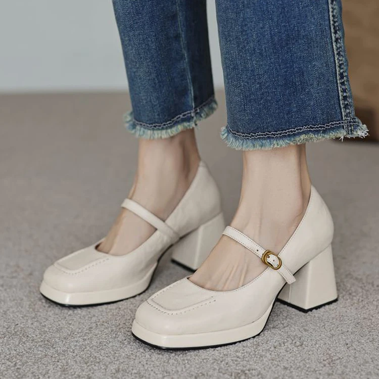 

Mary Jane Shoes Spring Women Genuine Leather Shoes for Women Square Toe 7cm Chunky Heel Shoes Women Pumps Handmade Shoes HE22