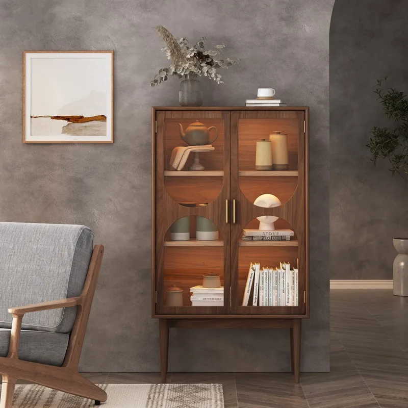 Книжный шкаф из цельного дерева в скандинавском стиле, современный простой бытовой шкаф для хранения пыленепроницаемых стеклянных дверей, легкий роскошный винный шкаф