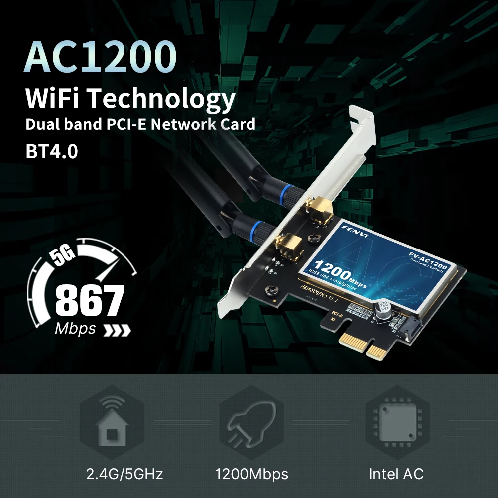 fenvi AC1200 WiFi 5 PCI-E Wireless Adapter Bluetooth 4.0 Dual Band 5G/2.4G Wi-Fi For Intel 802.11ac Network Card Win 7/8/10/11