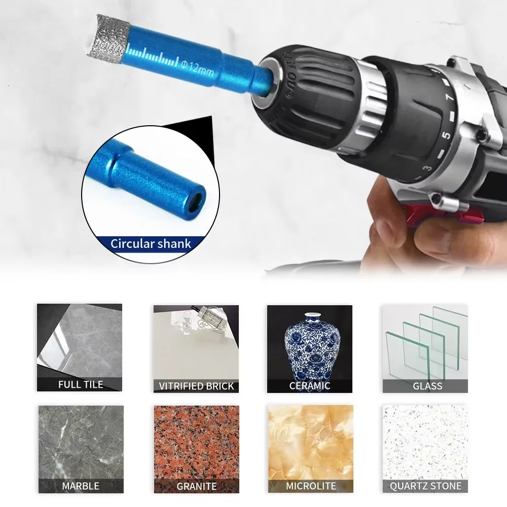 Diamond Dry Drill Bit 6/8/10/12/14/16mm Round Shank, Tile Ceramic Porcelain Marble Granite Glass Hole Saw Cutter for Drilling