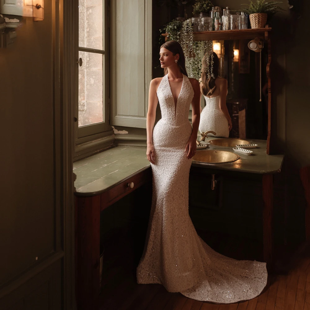 

Customized Lace Wedding Dresses 2025 Luxury Mermaid Sleeveless O-Neck Beaded vestidos de novia Exquisite Bride Gowns Backless