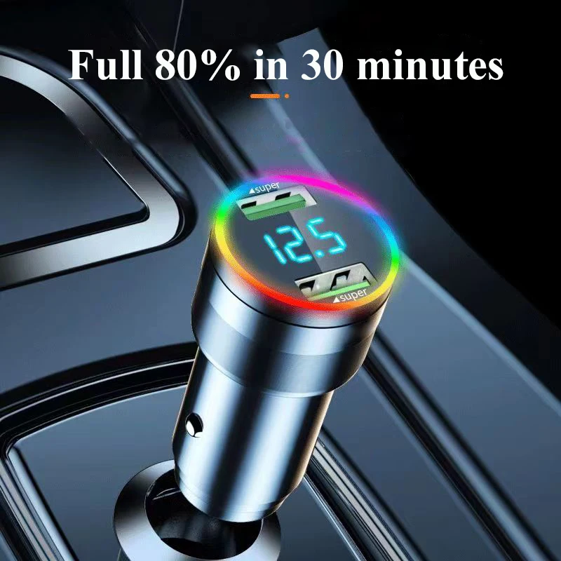 Dual Port USB Car Charger Adapter 300W Super Fast Charging with LED Light Voltage Monitor for iPhone Samsung Huawei OPPO Oneplus