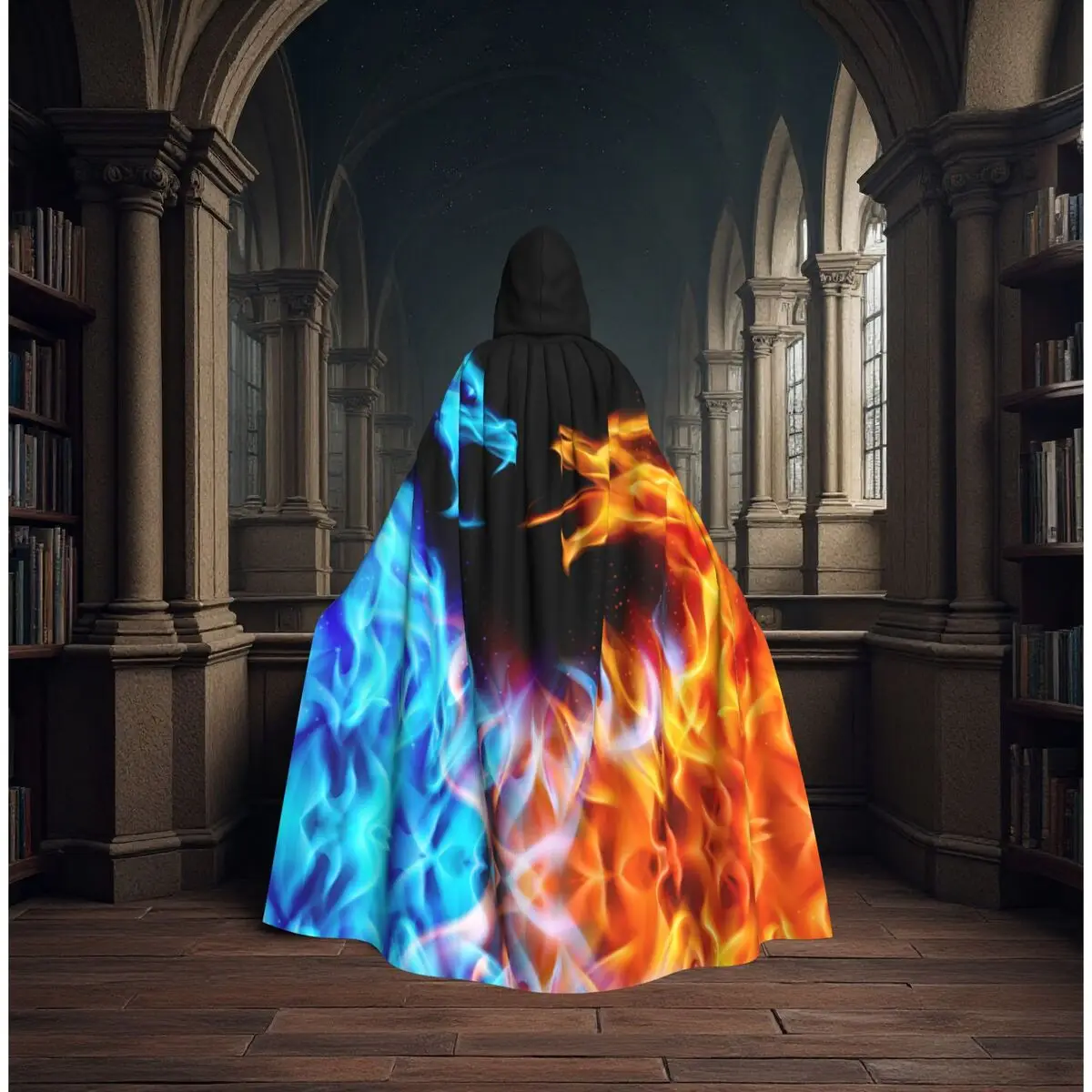 

Blue And Red Flame Dragon Long Hooded Cloak Witch Medieval Costume Cosplay Cape HalloweenParty Adult Unisex