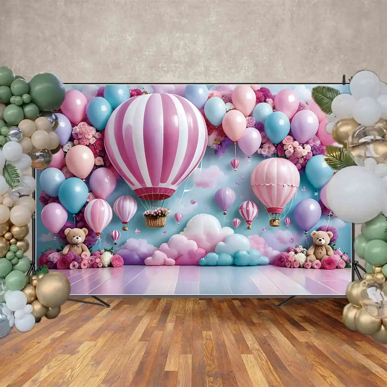 MOON.QG Backdrop Baby Shower Shooting Photography Props Background Hot Air Balloon Teddy Bear Happy Birthday Party Banner Decor