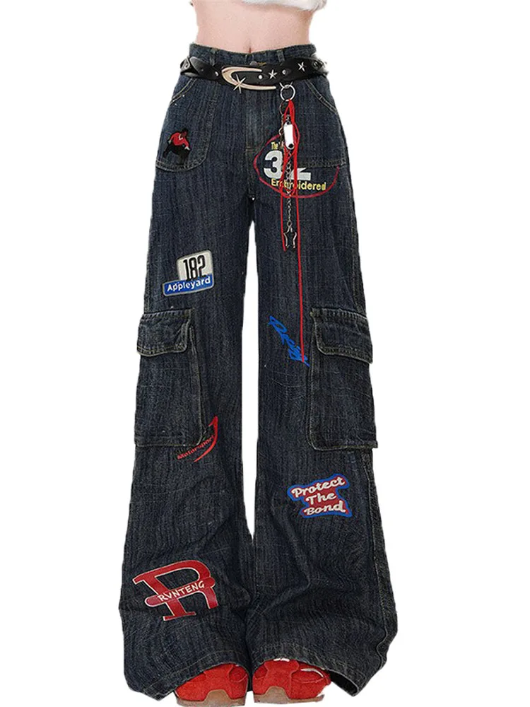 Amerikanischer Stil Retro-bedruckte Cargo-Jeans Damen Frühling und Herbst neue lockere Hose mit weitem Bein und geradem Bein mit mehreren Taschen