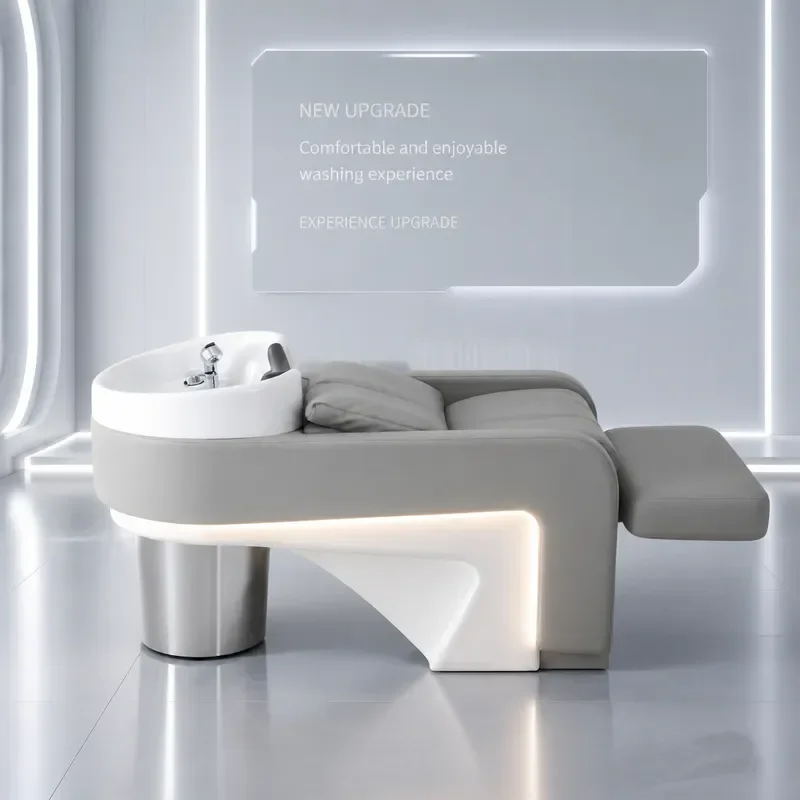 Bohorio Ceramic Deep Basin Semi Reclining Shampoo Bed with Lamp Modern Commercial Barber Shop Massage Flush Unit for Hair