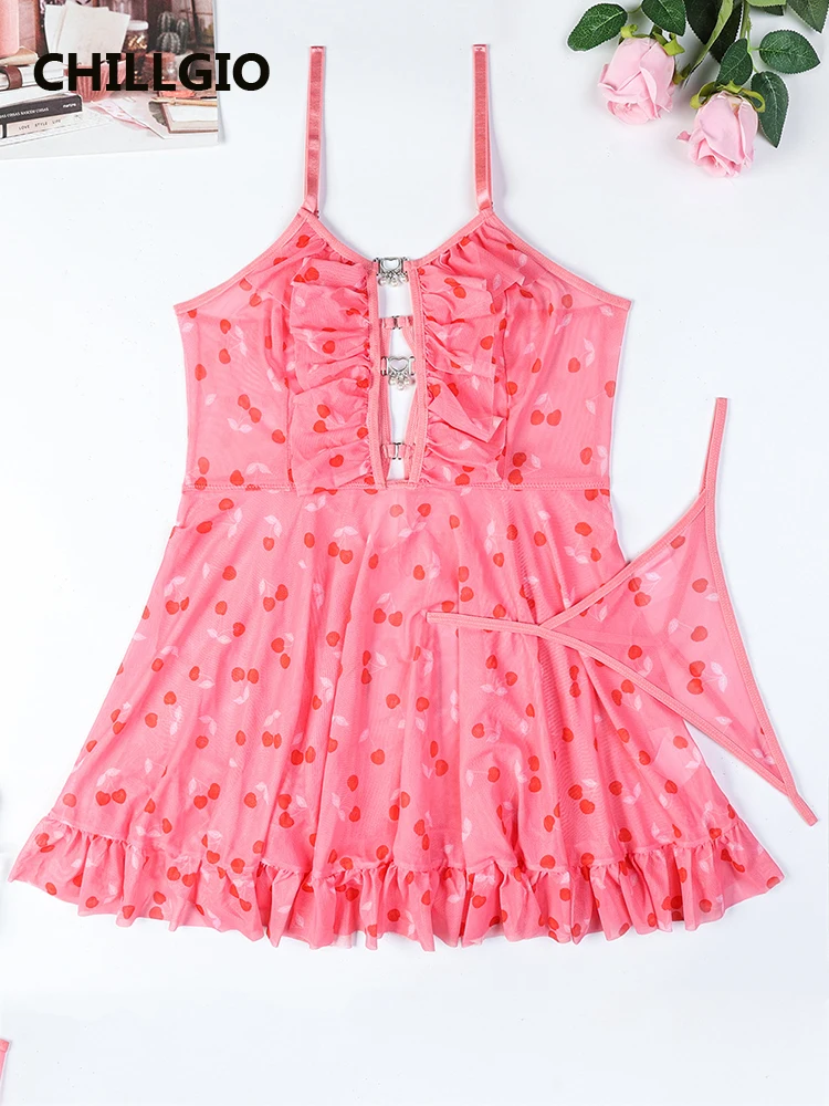 CHILLGIO Summer Dresses 2025 Mesh Women Print Erotic Sheer Hollow Out Strappy Dress Sexy Thong Sweetcute Mini Dresses Pajamas