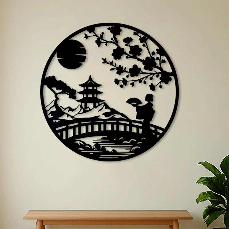1pc Geisha Bonsai Metal Wall Art Iron Japanese Zen Wall Decor Bedroom Living Room Wall Hanging Plaque Gift