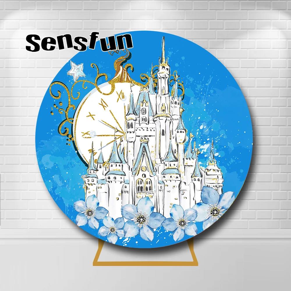 Disney Castle Princess Cinderella Round Backdrop Covers Flowers Glass Slipper Carriage Girls Birthday Party Arch Wall Background