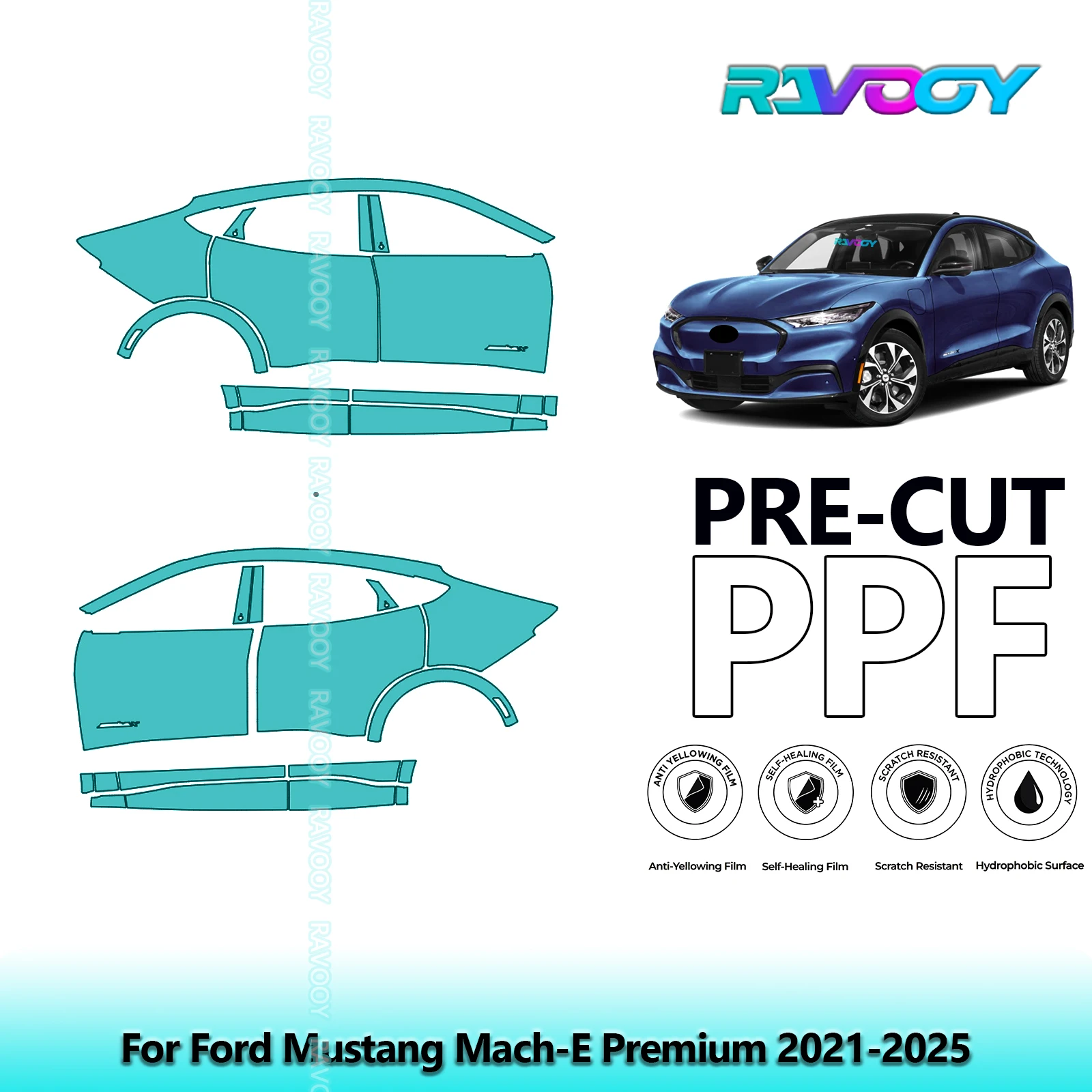 

For Ford Mustang Mach-E Premium 2021-2025 8.5mil Clear Matte Pre-Cut PPF Door & A/B Pillar Kit TPU Paint Protection Film Set