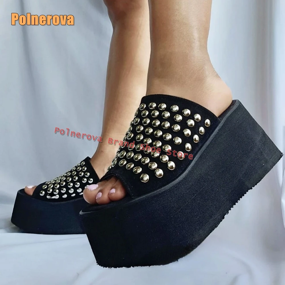 

Black Metal Rivet Platform Punk Slippers Peep Toe Thick Sole Spicy Girl Cosplay Height Increasing Lolita Sandals 2025 Summer