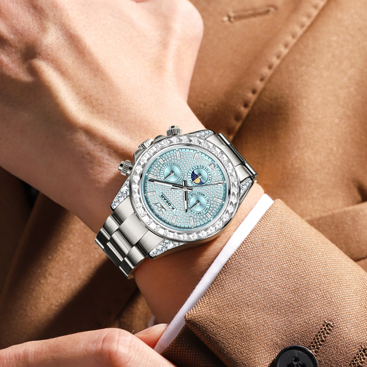 多機能全自動機械式腕時計、夜光付き、三つ目、六針、防水スポーツウォッチ