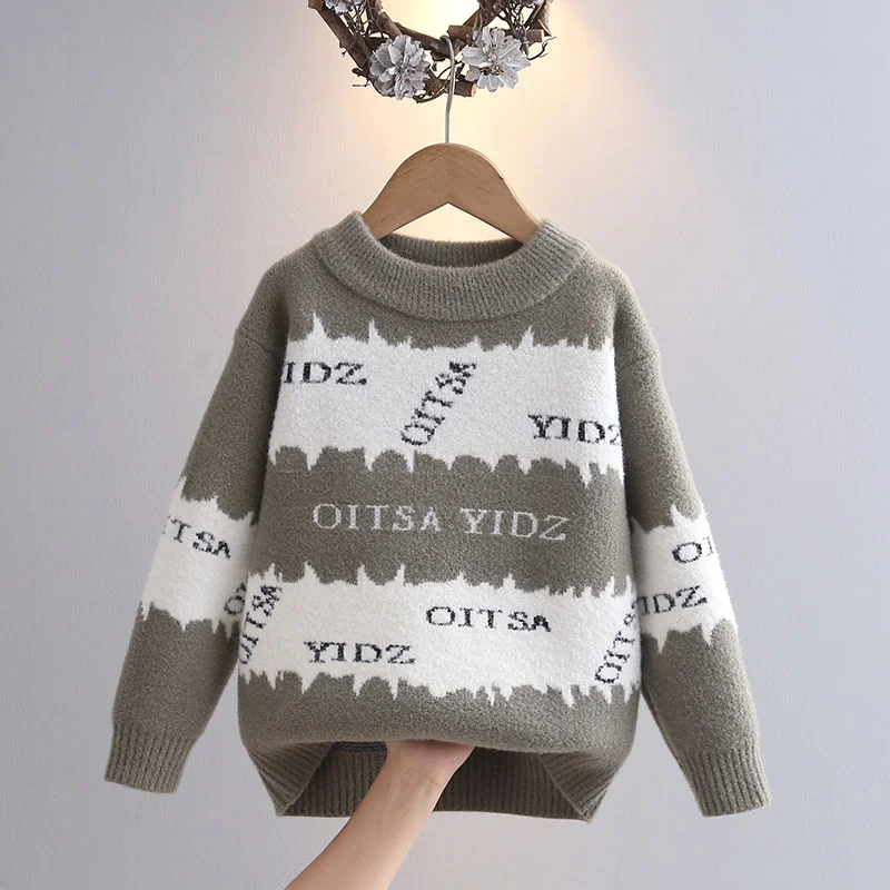 Boys Woolen Sweater Crochet Cotton Windbreak 2024 Scoop Plus Thicken Autumn Winter Outwear Christmas Warm Children's Clothing