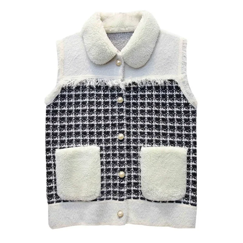 2024 Autumn New Thickened Small Grid Lmitation Lamb Hair Color Blocked Vest for Women