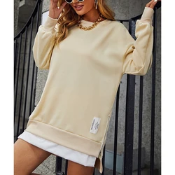 Women Solid Color Pullover Sweatshirt Women Casual Loose O-Neck Sweatshirt Autumn Winter Long Sleeve Zipper Slit Long Sweatshirt