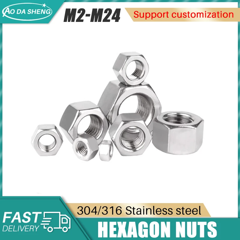 AODASHENG 50/20/10pcs Hexagon Hex Nuts Metric M2.5 M3 M4 M5 M6 M8 M10 DIN934 304 Stainless Steel Hex Hexagon Nuts Free Shipping