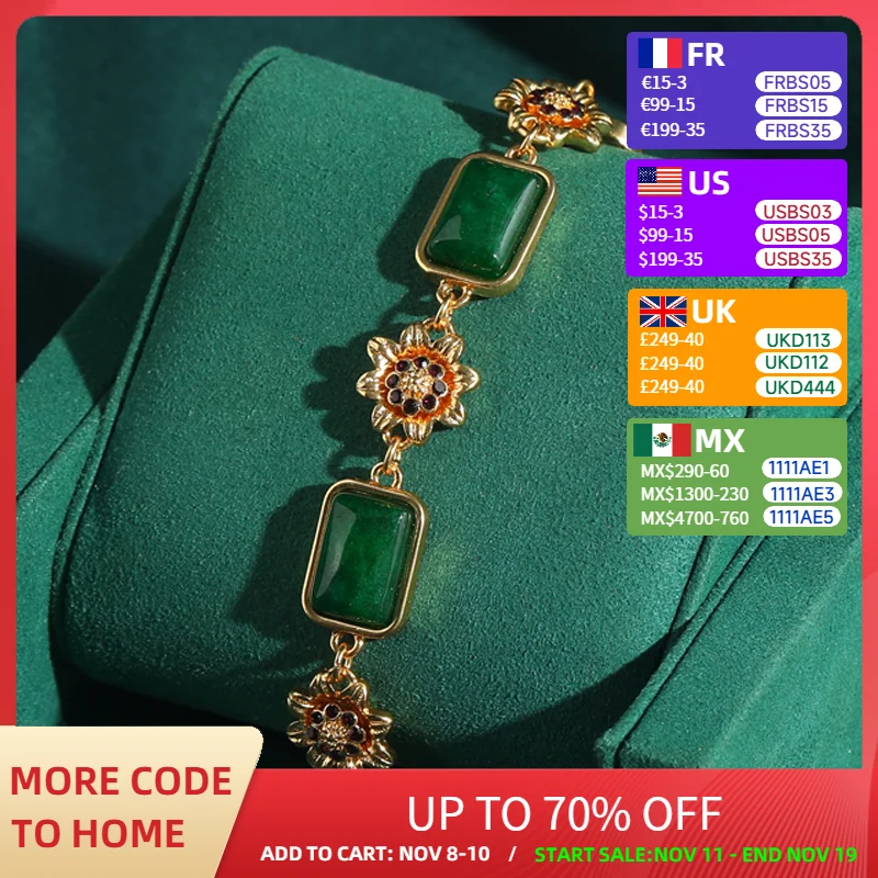 

Vintage Charms Flower Bracelet Luxury Gold Color Sunflower Green Emerald Natural Stone Square Wedding Bridal Accessories Women