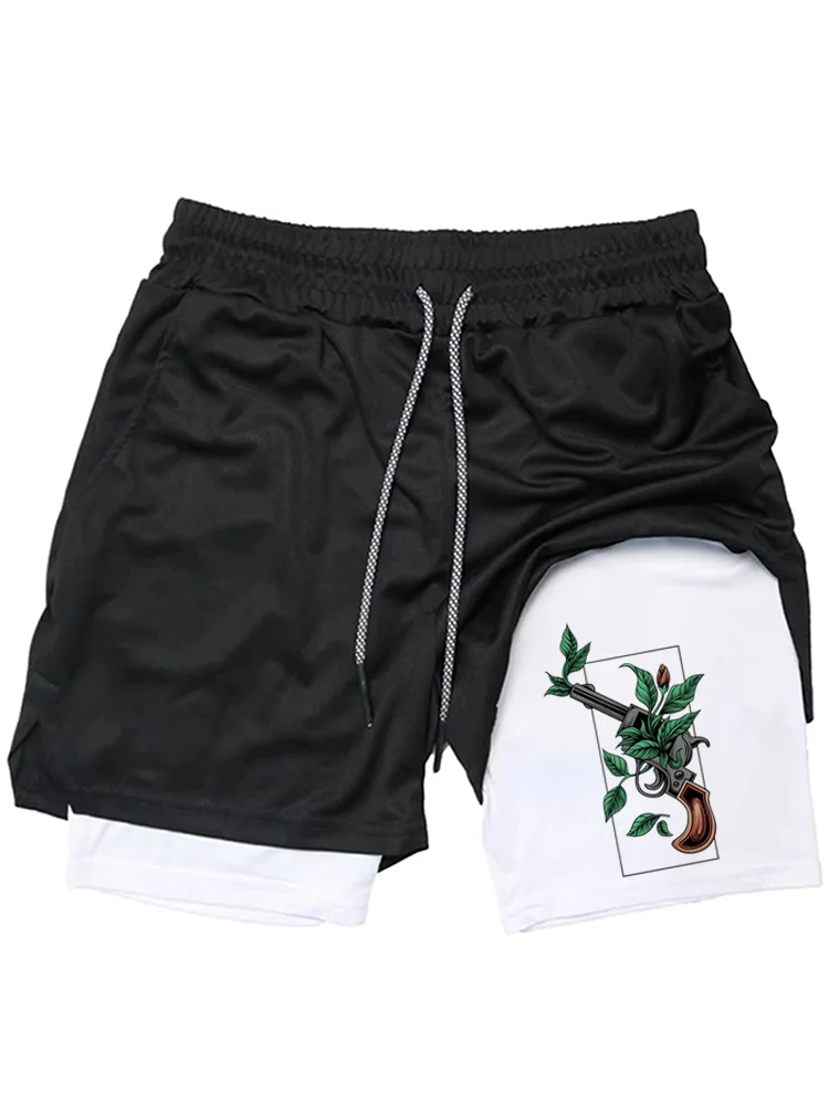 

Мужские шорты 2-в-1 с рисунком в виде револьвера и листьев, быстросохнущие двухслойные шорты для тренировок в тренажерном зале, бега и фитнеса WX075