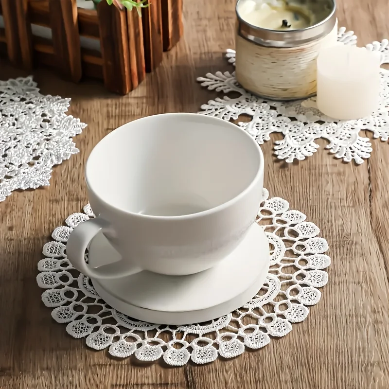 8pcs Set White Handmade Crochet Embroidered Placemats, 14.99 cm, Hollow-Out Embroidered Round Cup Placemats, Coffee Coasters, Su