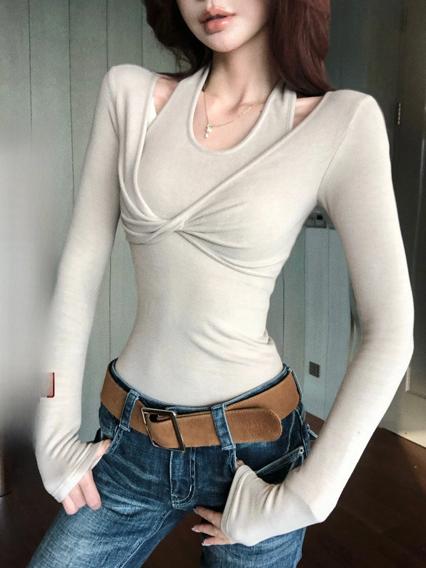 

Warm Pure Desire Self-Heating Velvet Long Sve Women Slimming Thermal Fake Two-Piece Ne Hanging Knot Top T-irt