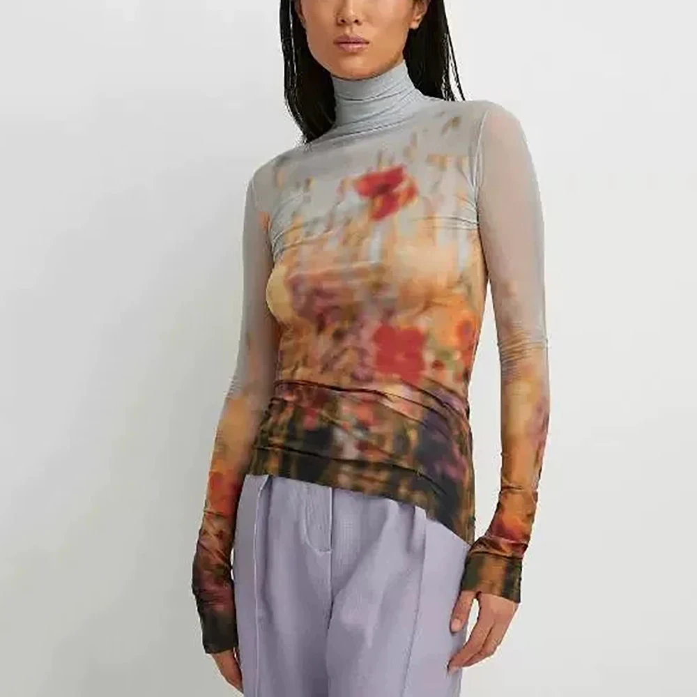 Women's Halo Printed High Neck Long Sleeve Light T-shirt, Stretch Mesh Bottom Shirt, New Top, Spring and Summer, Y2k, 2024