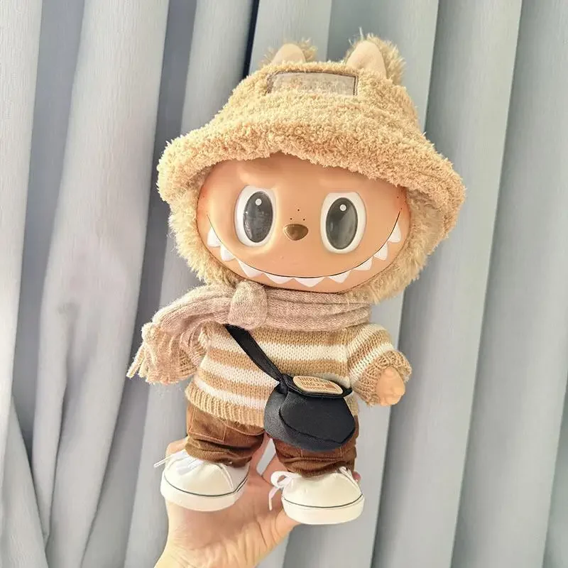 For 38cm Labubu doll clothes for vinyl doll coffee white striped sweater set Accessories Cute Decoration
