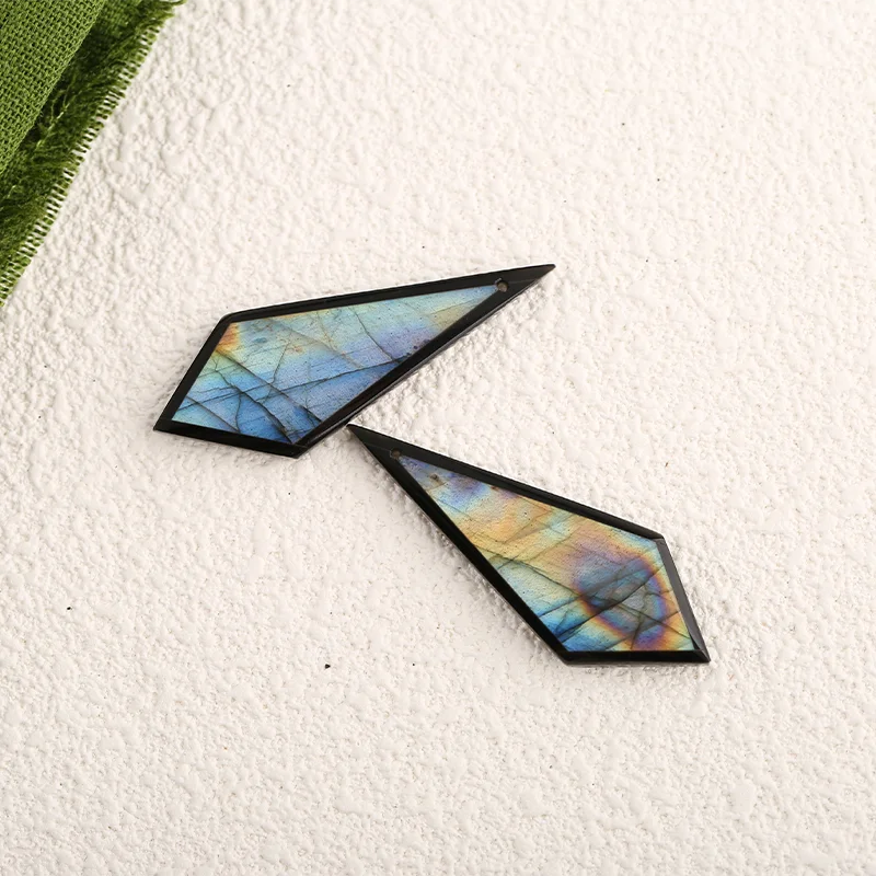 Natural Gemstone Labradorite & Obsidian Nugget Earrings - DIY Handmade Jewelry 50×20×3mm ，9.6g