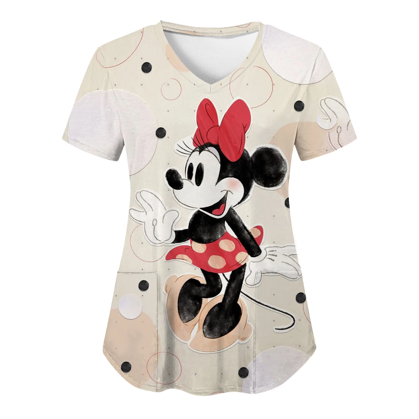 Top Women 2024 V Neck T-shirts Nurse Uniform T-shirt Hospital Mickey Woman Clothes Disney Pocket Tops Minnie Mouse Tees Women's