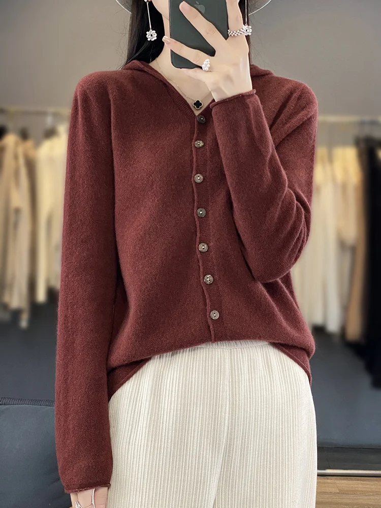 

Женские кардиганы с капюшоном из 100% мериносовой шерсти: весенне-осенне-зимний свитер, простой стиль, модный трикотаж из чистой шерсти, женская толстовка-худи