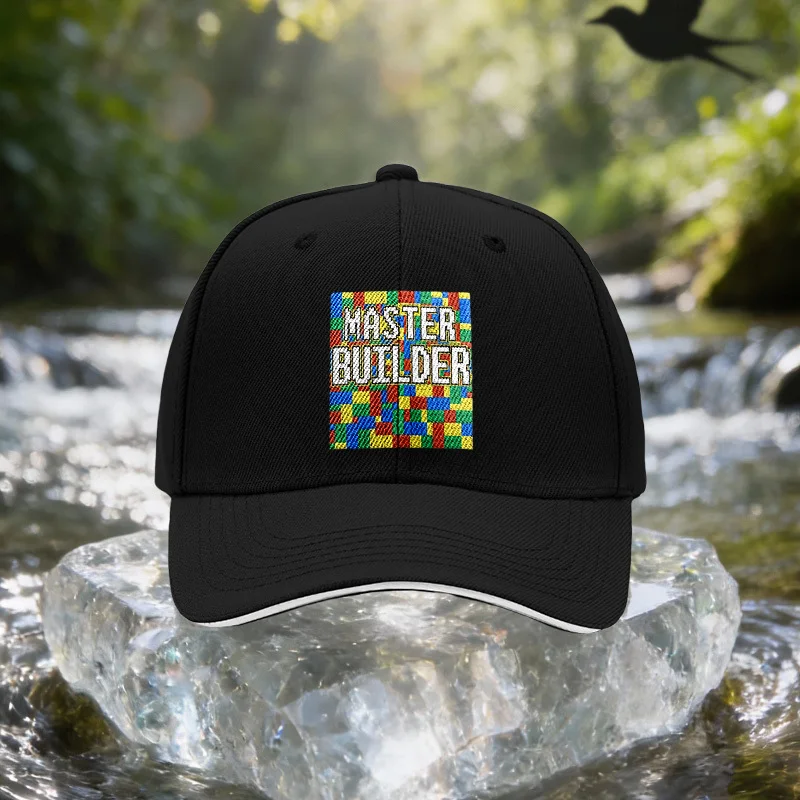 Colorful Building Block Style MASTER BUILDER Sandwich Baseball Cap, Unisex Easy Lightweight Adjustable Outdoor Sun Hat, Ideal Gi